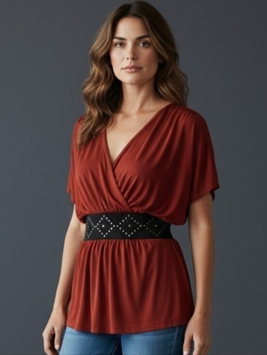 AB Studio Tops - AB Studio Brick Orange V‑Neck Ruched Waist Tunic Top